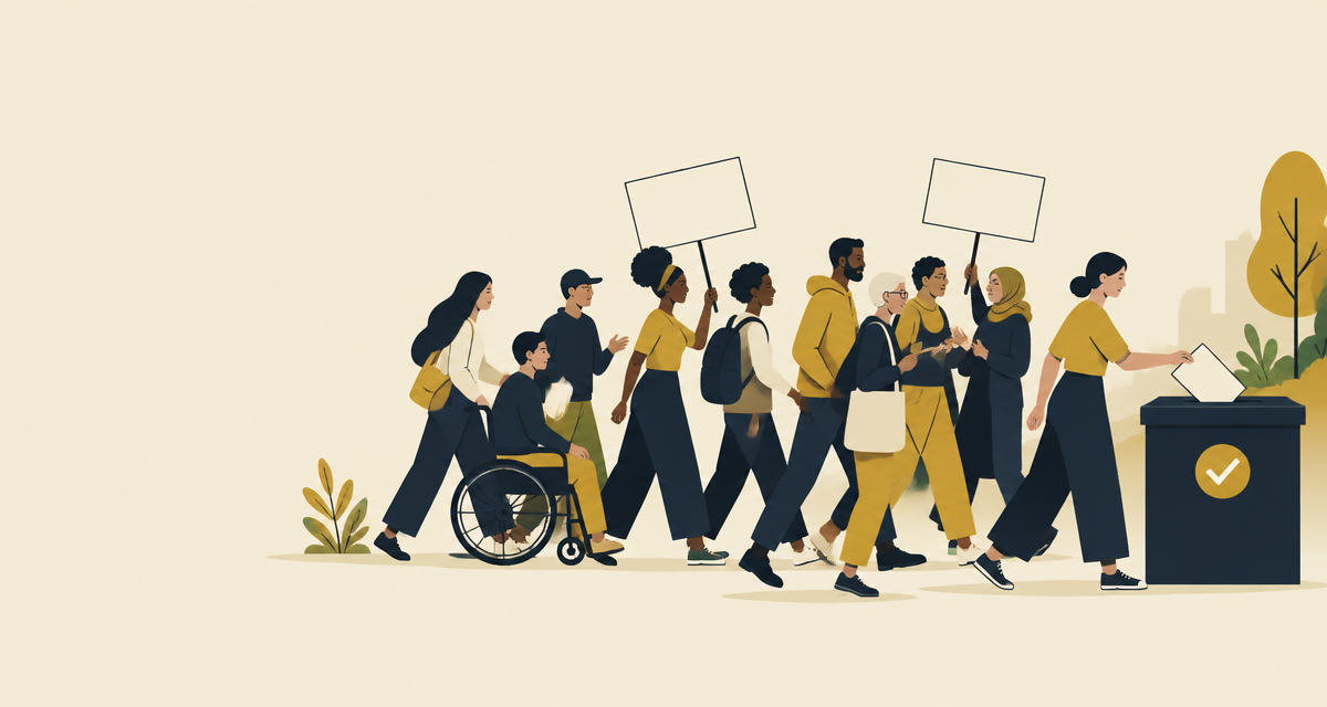 A diverse group of people walking together toward a ballot box, taking part in peaceful civic action