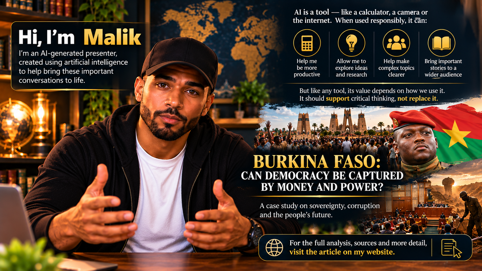 Malik, the AI-generated presenter of the Burkina Faso documentary, beside the title "Burkina Faso: Can democracy be captured by money and power?"