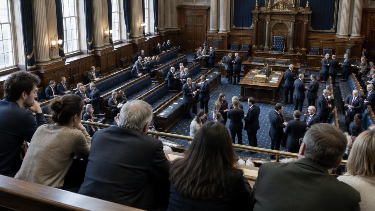 Citizens watching from the public gallery as politicians and business figures talk among the benches of a parliament chamber.