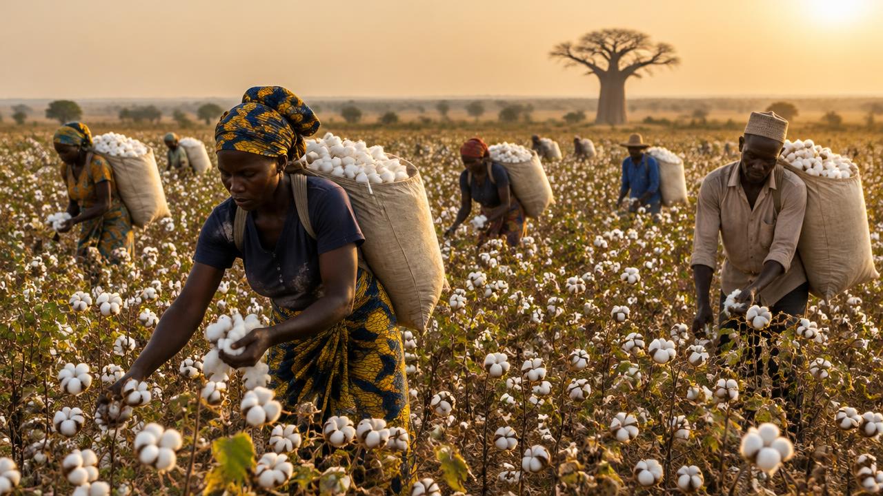 Men and women hand-harvesting cotton in a vast field, carrying heavy sacks on their backs.