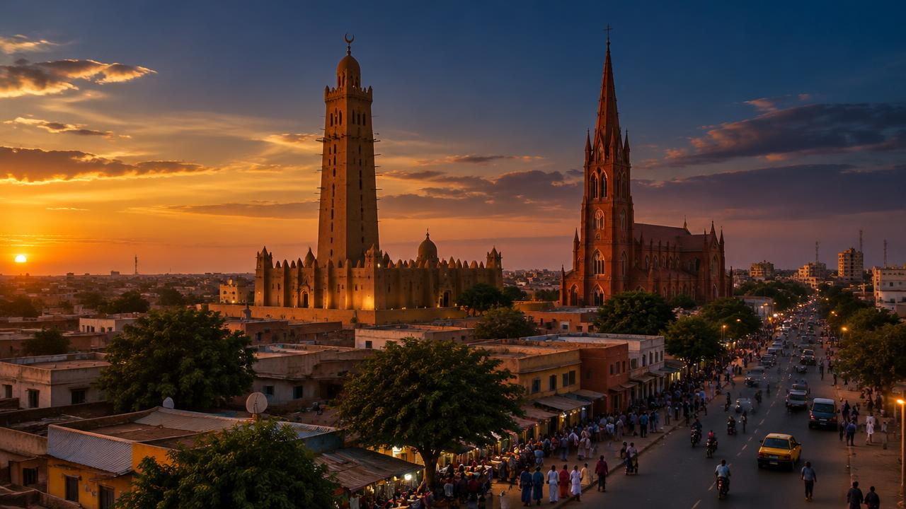 A mosque minaret and a cathedral spire rising side by side over a West African city at dusk.