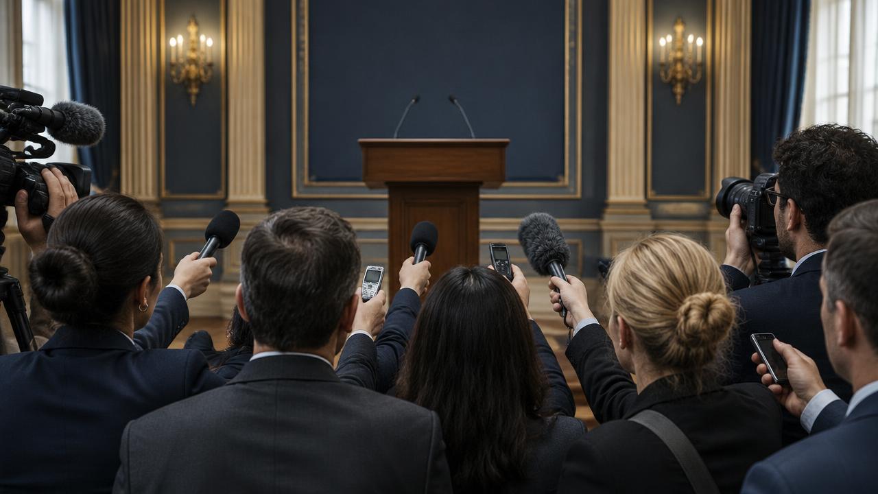 Journalists holding out microphones and cameras towards an empty podium at a press conference.