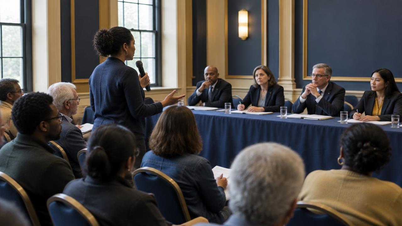 A citizen standing to question a panel of officials at a public meeting.