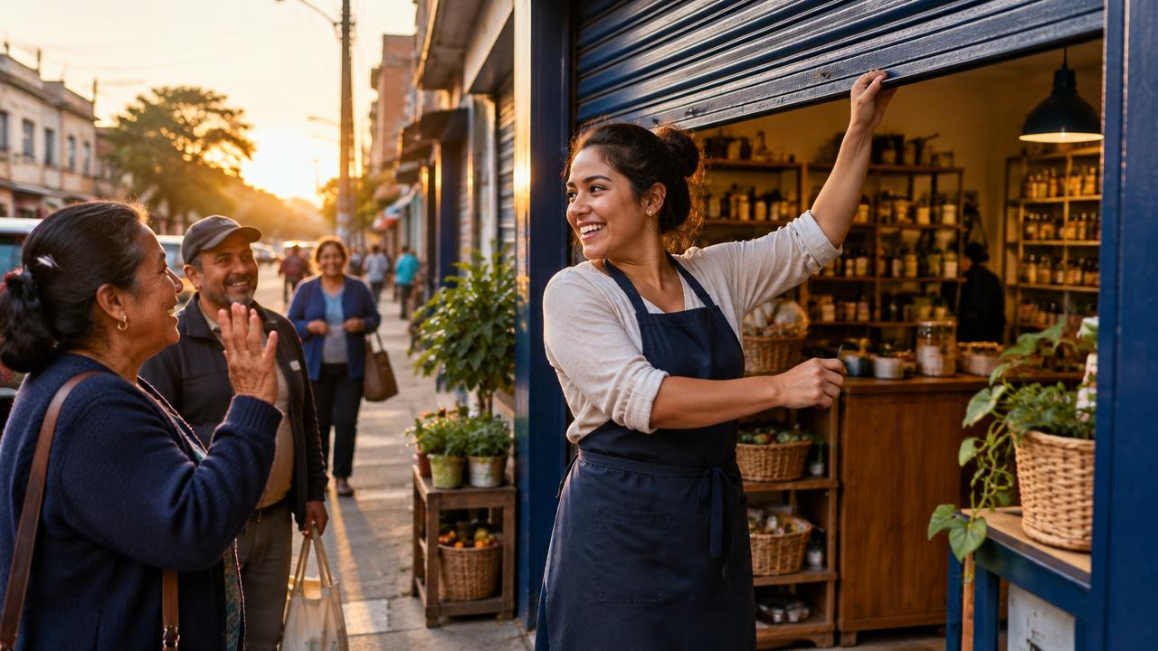 A young woman opening her own small shop at sunrise as neighbours greet her.