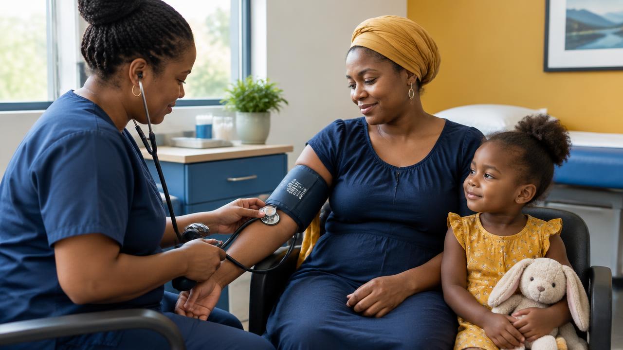 A health worker checking a mother's blood pressure while her young daughter sits beside her.