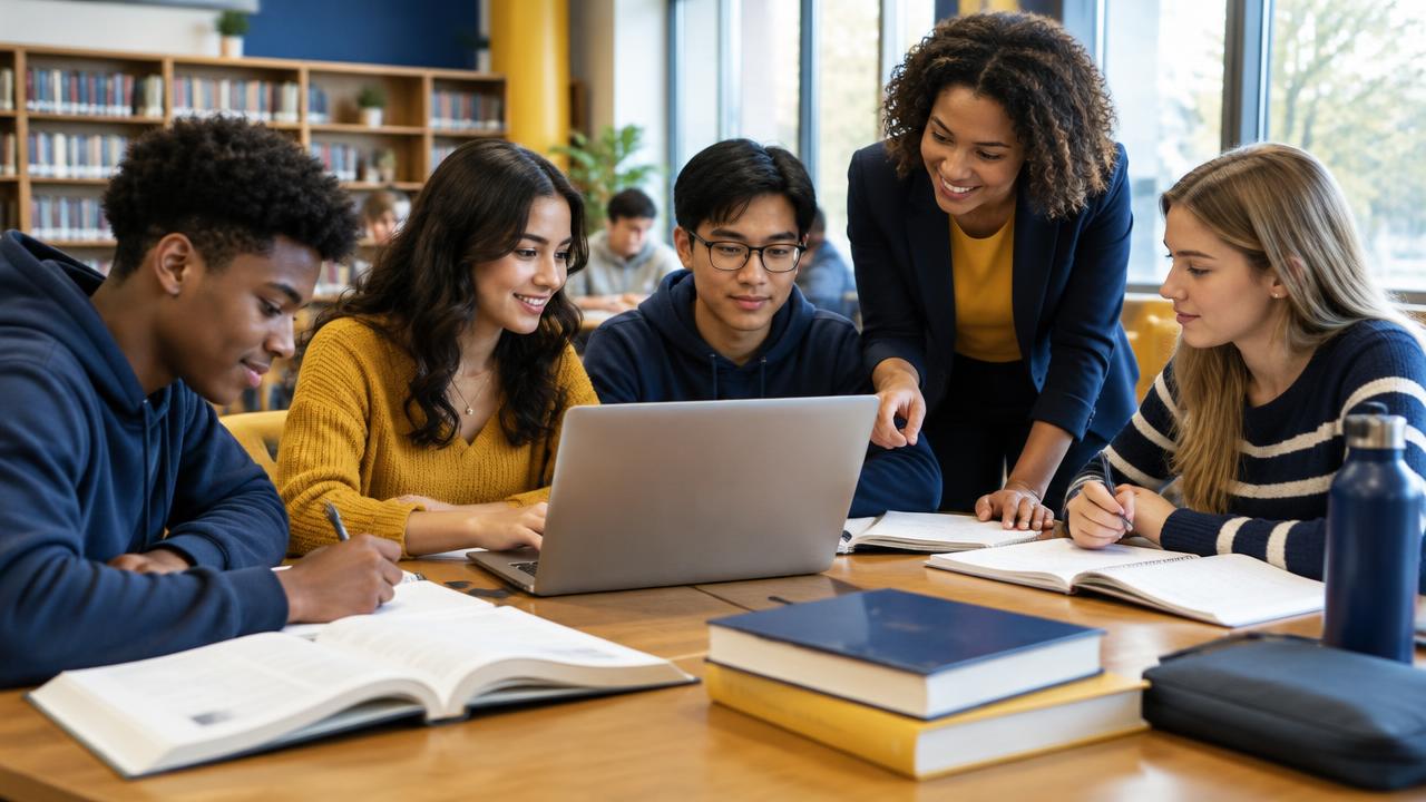 Young people studying together in a library with a teacher helping them.
