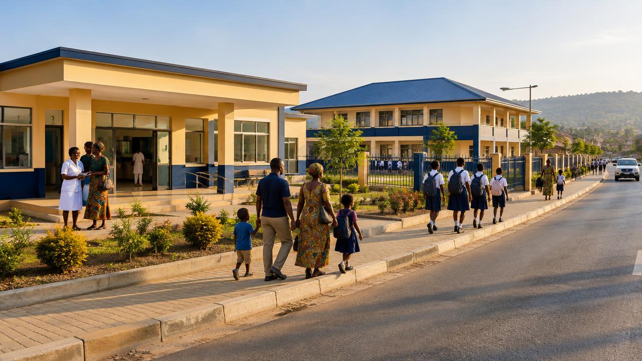 Families and schoolchildren walking past a new clinic and school along a paved road.