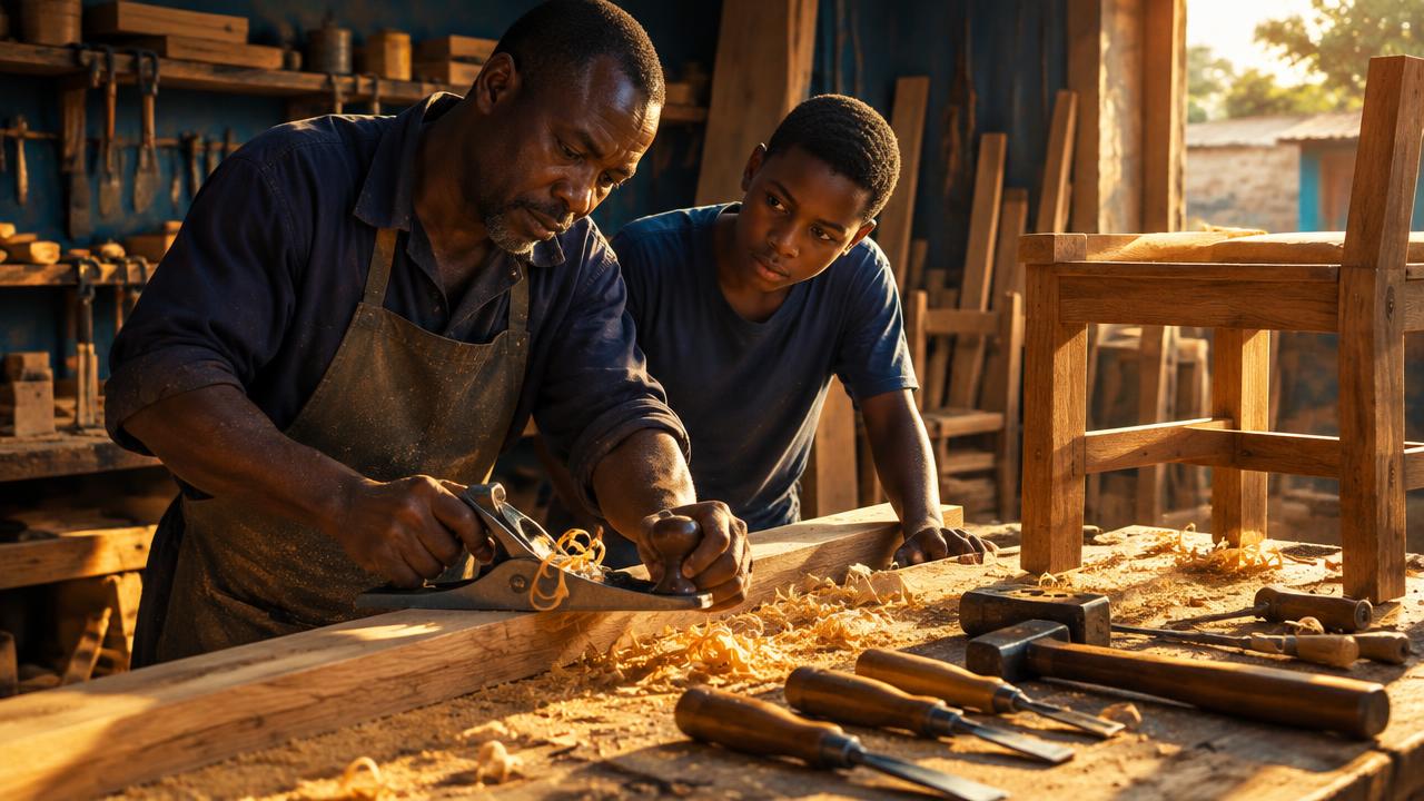 A craftsman and a young apprentice building furniture together in a small workshop.