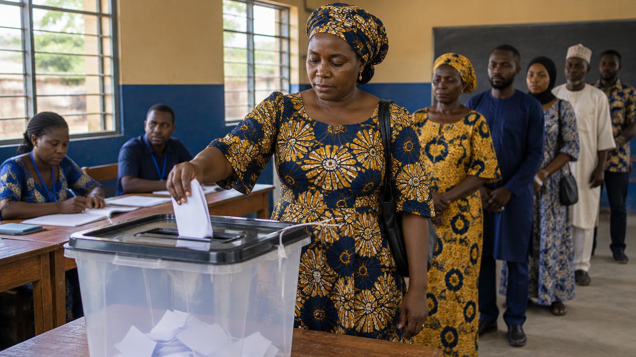 A woman placing her ballot into a clear ballot box at a polling station while other voters queue behind her.
