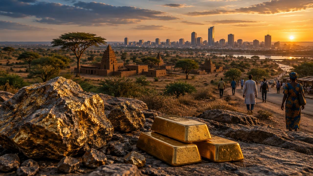 Symbolic view of Burkina Faso's gold resources and a modern city representing the relationship between natural wealth, political power and human flourishing.