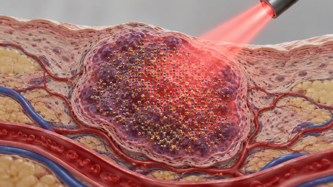 Conceptual AI-generated illustration of light-activated nanoparticles, not clinical evidence.
