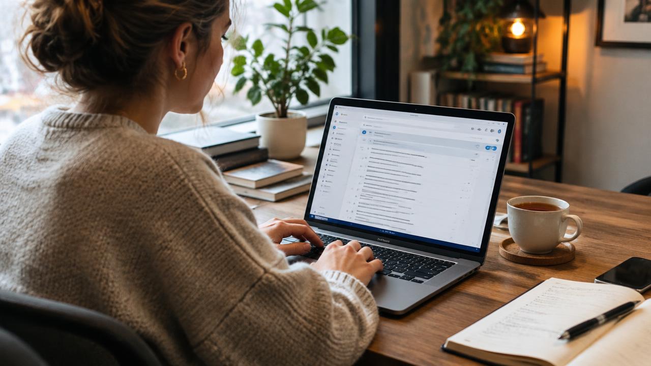 An entrepreneur writing an email newsletter to her customers on a laptop.