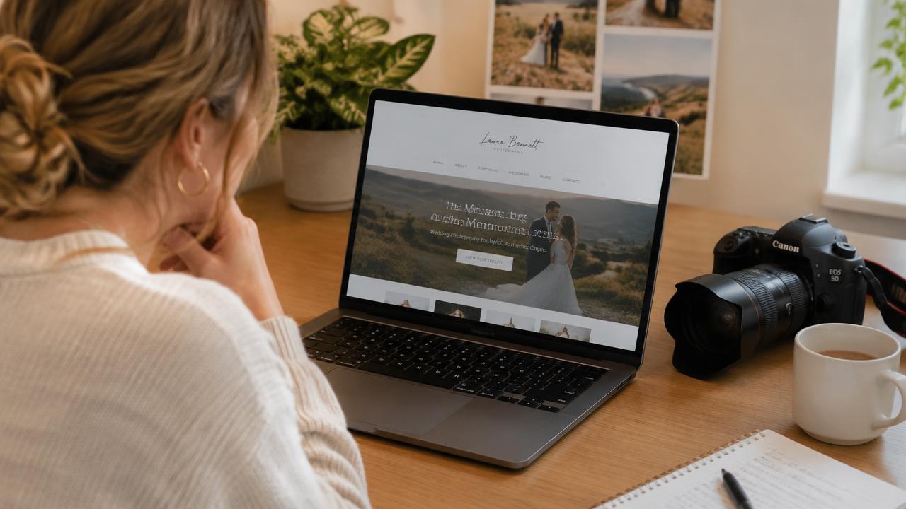 A wedding photographer reviewing her own portfolio website on a laptop.