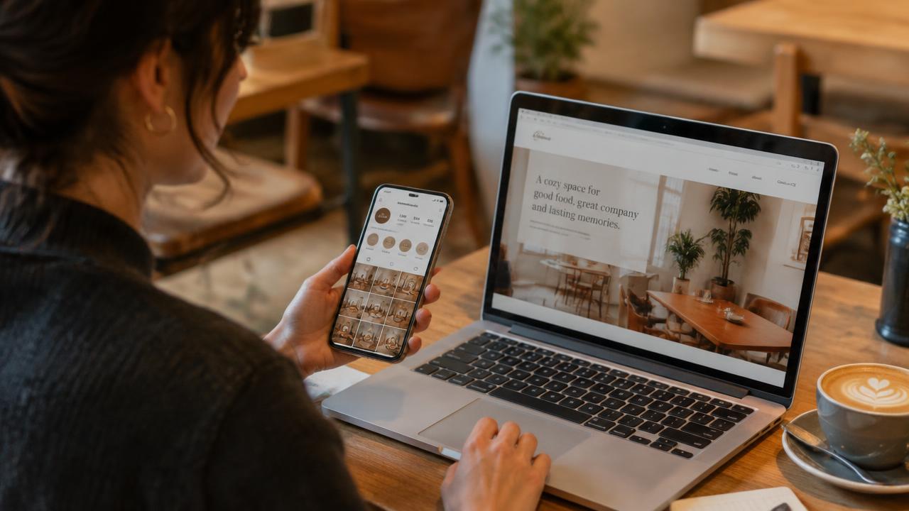 A business owner comparing her social media profile on her phone with her website on a laptop.