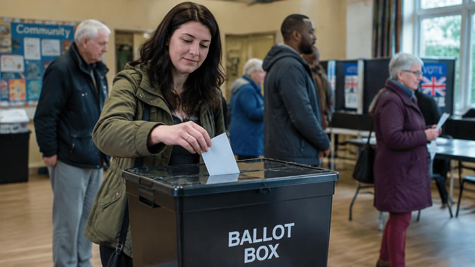 A voter posting her ballot paper into a ballot box at a UK polling station.